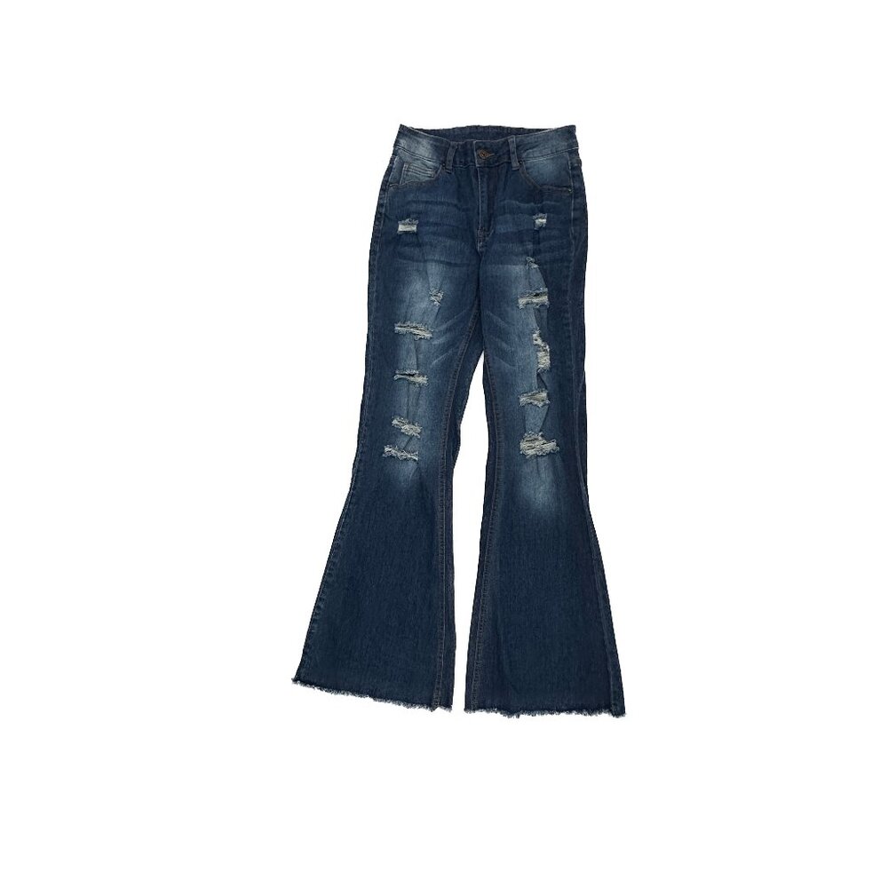 Fashion‎ Wear Flare Distressed Raw Hem Women' size S Small Blue Denim Jeans